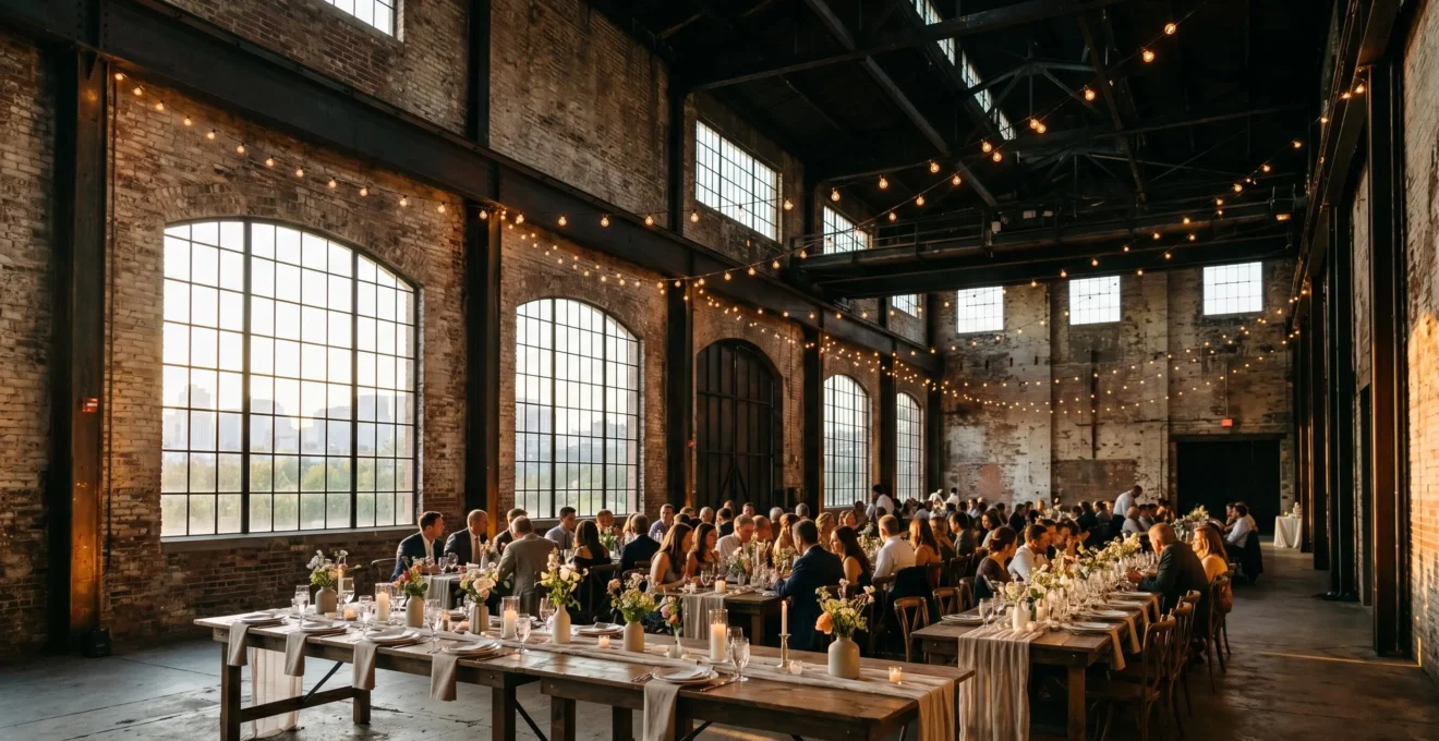 Ancienne usine réhabilitée avec poutres métalliques et guirlandes lumineuses pour un mariage élégant