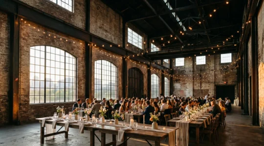 Ancienne usine réhabilitée avec poutres métalliques et guirlandes lumineuses pour un mariage élégant