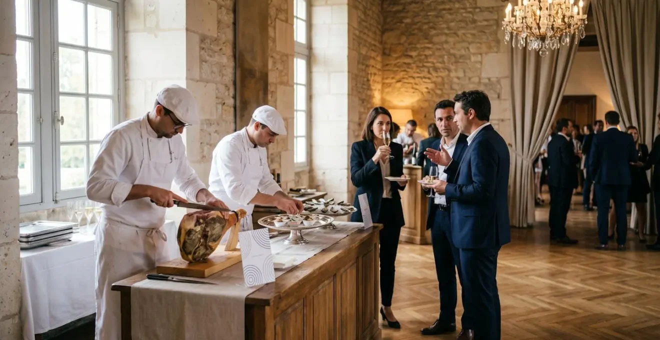 Stand d'animation culinaire haut de gamme lors d'un événement professionnel avec découpe de jambon et bar à huîtres