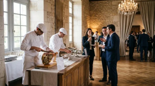 Stand d'animation culinaire haut de gamme lors d'un événement professionnel avec découpe de jambon et bar à huîtres