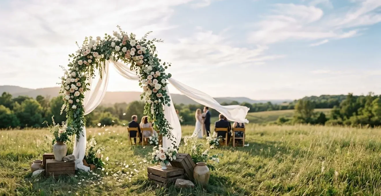 Arche florale de mariage élégamment décorée résistant au vent en extérieur lors d'une cérémonie