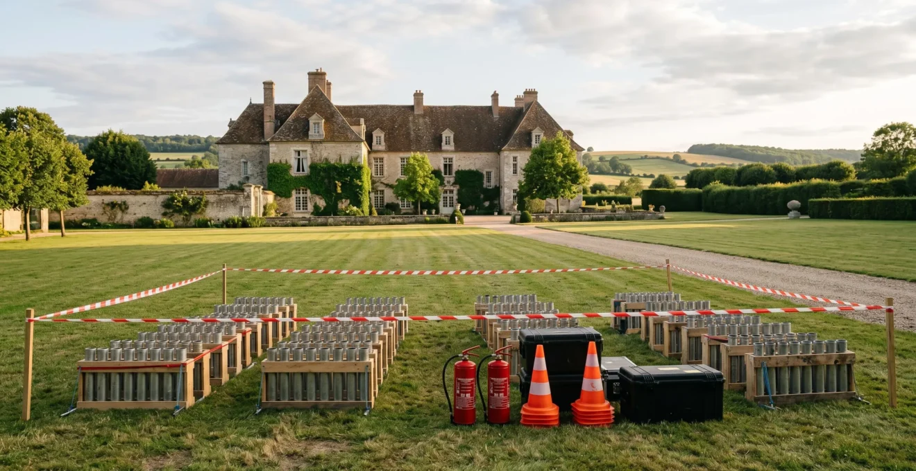 Préparation professionnelle de mortiers pyrotechniques dans un domaine privé français avec matériel de sécurité