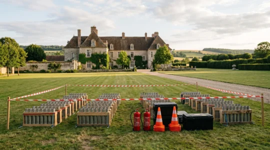 Préparation professionnelle de mortiers pyrotechniques dans un domaine privé français avec matériel de sécurité