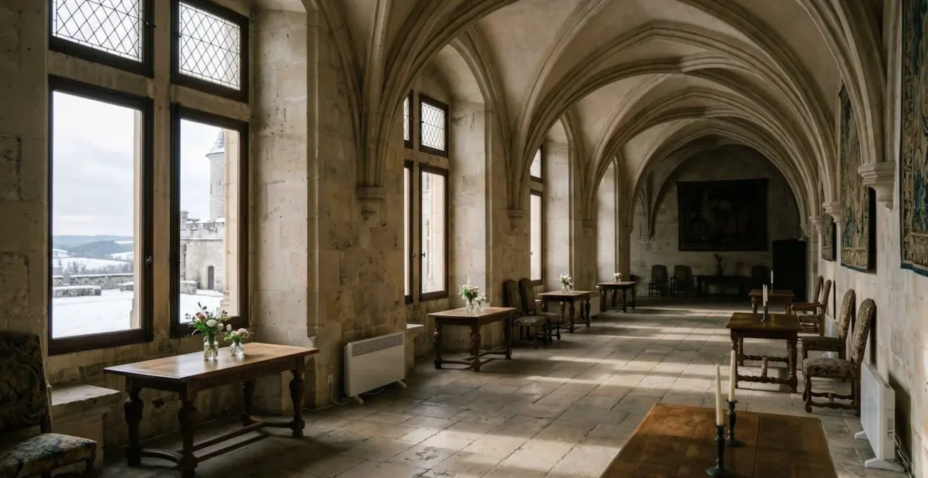 Grande salle de réception d'un château historique français en hiver avec système de chauffage discret et décoration festive