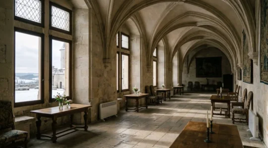 Grande salle de réception d'un château historique français en hiver avec système de chauffage discret et décoration festive