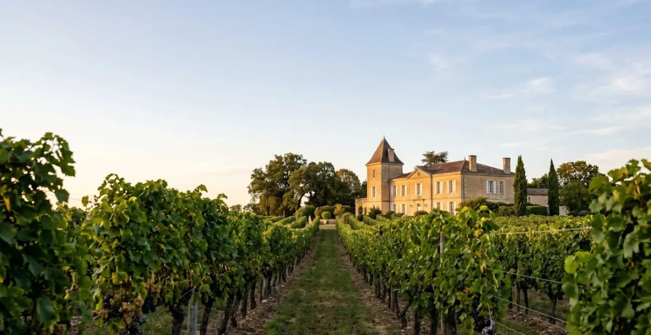 Vue panoramique d'un château bordelais entouré de vignes sous un ciel d'été, parfait pour un mariage destination