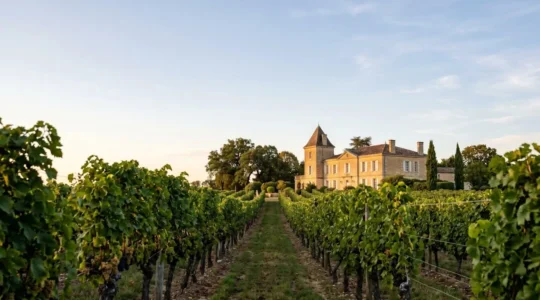 Vue panoramique d'un château bordelais entouré de vignes sous un ciel d'été, parfait pour un mariage destination