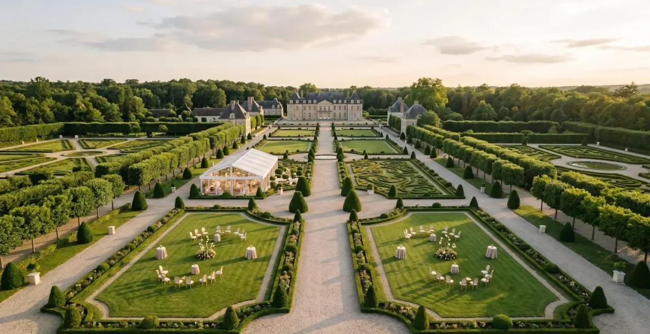 Vue aérienne d'un jardin à la française élégamment aménagé pour une réception en plein air avec allées structurées et pelouse préservée