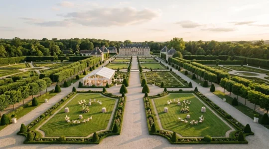 Vue aérienne d'un jardin à la française élégamment aménagé pour une réception en plein air avec allées structurées et pelouse préservée