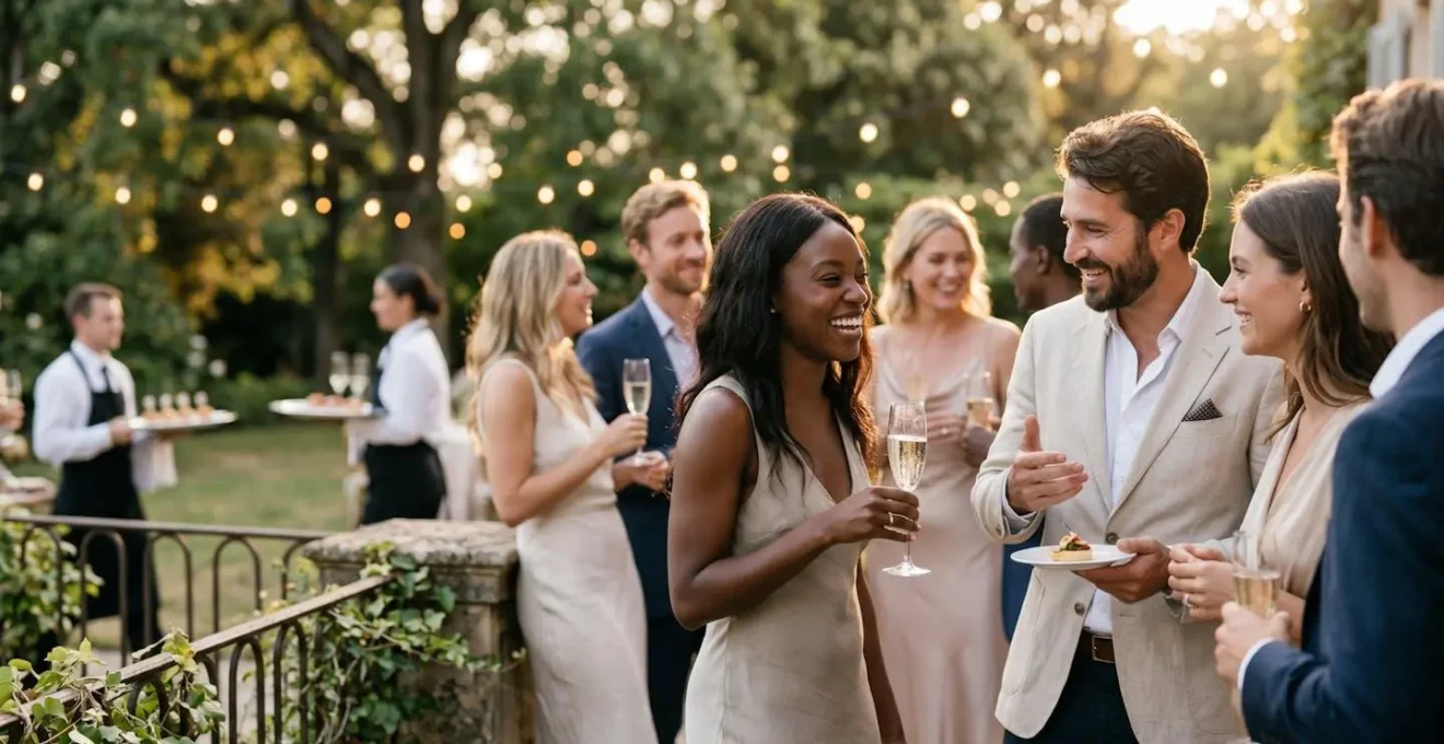 Cocktail de mariage élégant en extérieur avec invités souriants profitant de l'ambiance conviviale