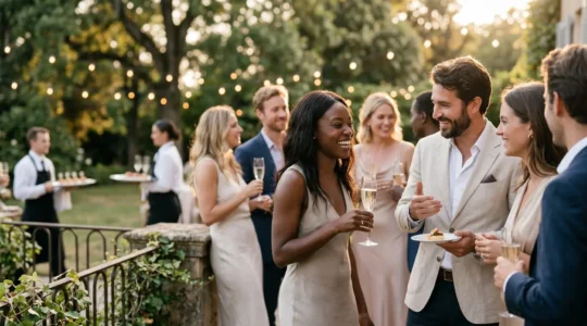 Cocktail de mariage élégant en extérieur avec invités souriants profitant de l'ambiance conviviale