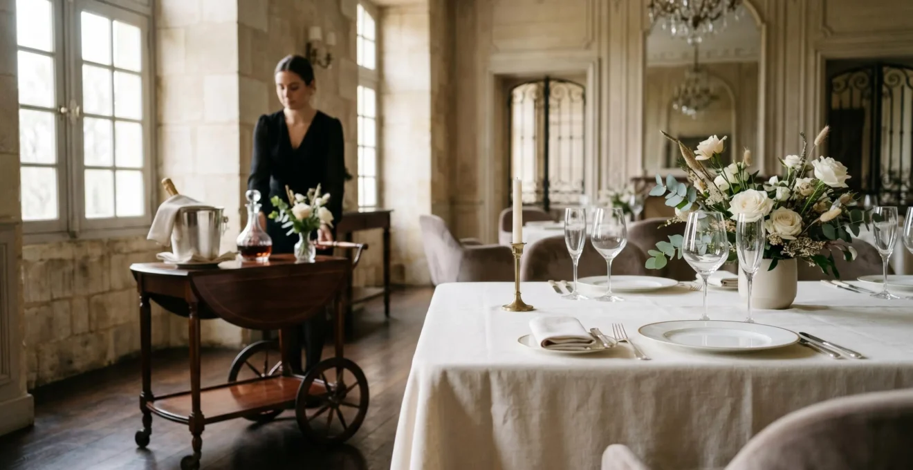 Détail raffiné d'une table de mariage de luxe à la française avec service élégant et décoration sophistiquée