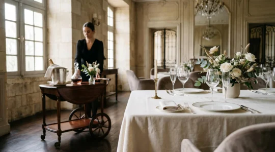 Détail raffiné d'une table de mariage de luxe à la française avec service élégant et décoration sophistiquée