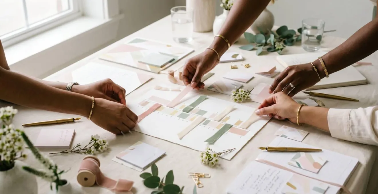 Détail d'un planning de mariage avec horaires et coordination entre plusieurs intervenants, illustrant l'organisation minutieuse d'un événement