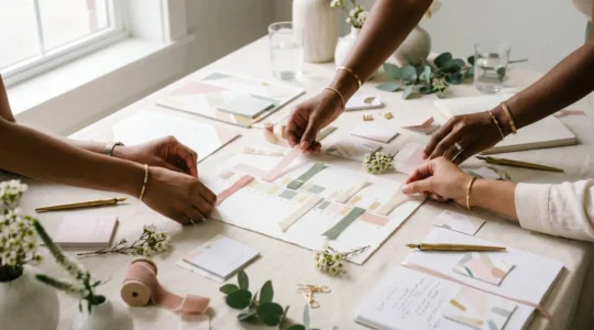 Détail d'un planning de mariage avec horaires et coordination entre plusieurs intervenants, illustrant l'organisation minutieuse d'un événement