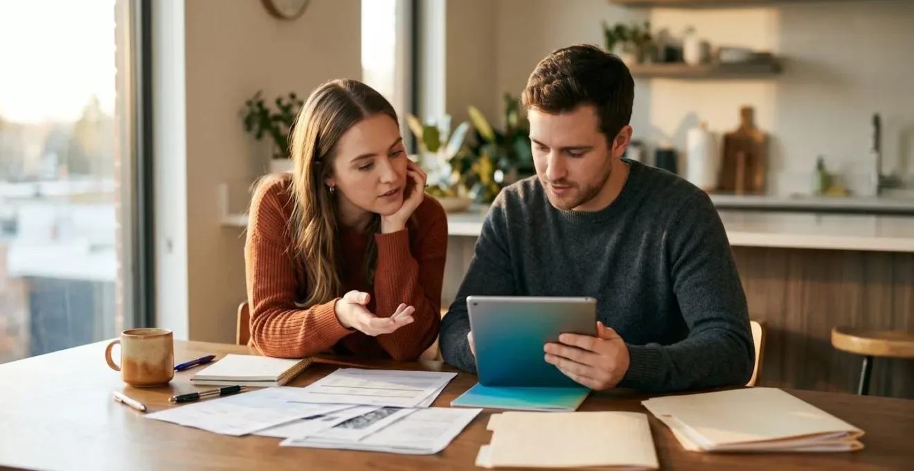 Couple concentré sur la gestion financière de dernière minute avant leur mariage