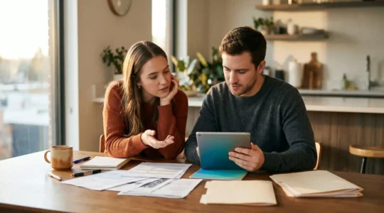 Couple concentré sur la gestion financière de dernière minute avant leur mariage