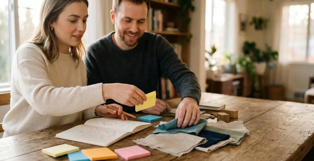 Couple organisant calmement leur mariage avec des listes et un planning visible