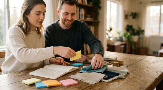 Couple organisant calmement leur mariage avec des listes et un planning visible