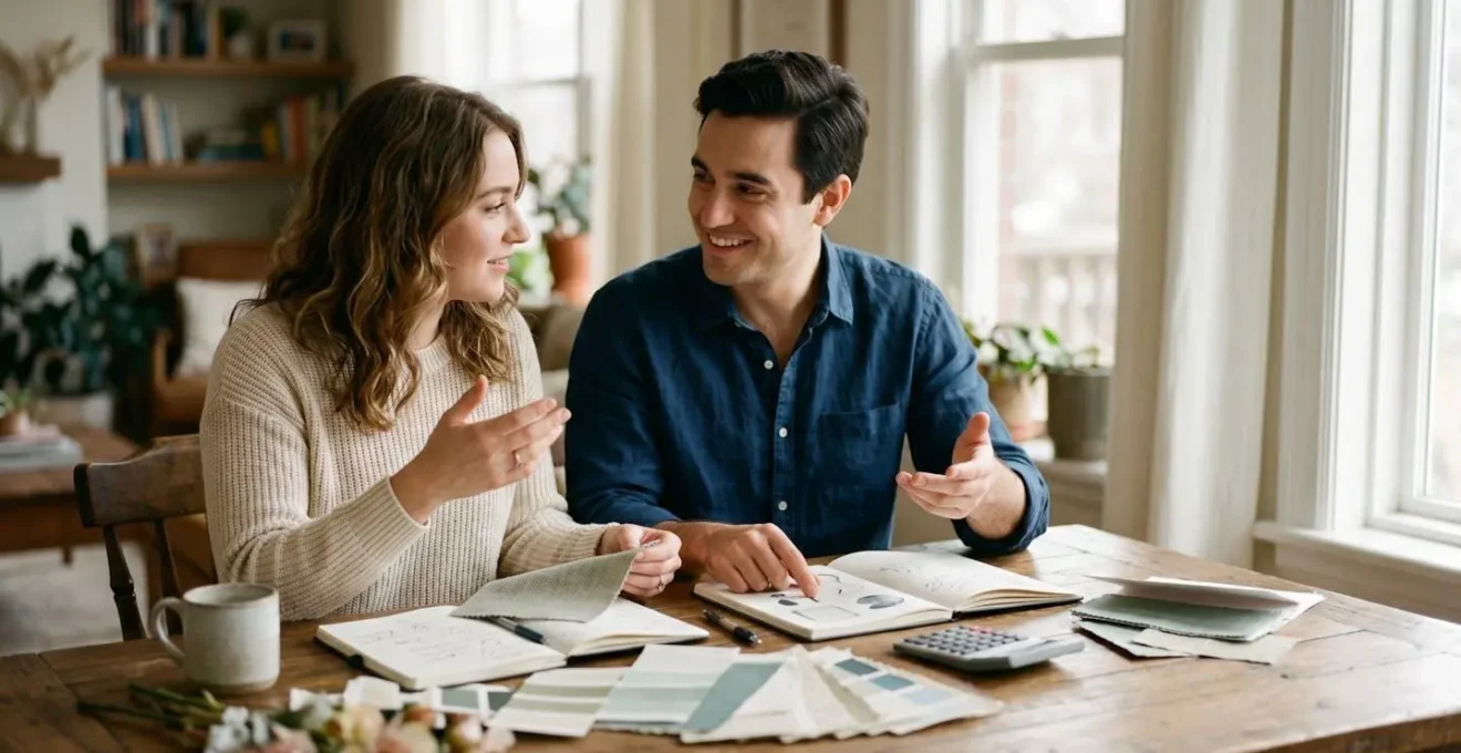 Couple préparant le budget de leur mariage avec concentration et détermination