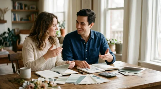 Couple préparant le budget de leur mariage avec concentration et détermination