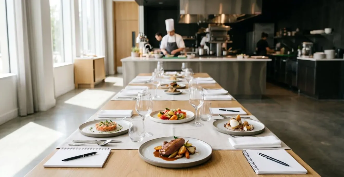 Scène professionnelle de dégustation traiteur avec présentation d'assiettes gastronomiques lors d'une session d'évaluation