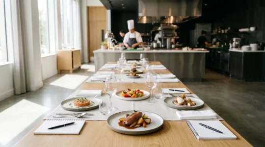 Scène professionnelle de dégustation traiteur avec présentation d'assiettes gastronomiques lors d'une session d'évaluation