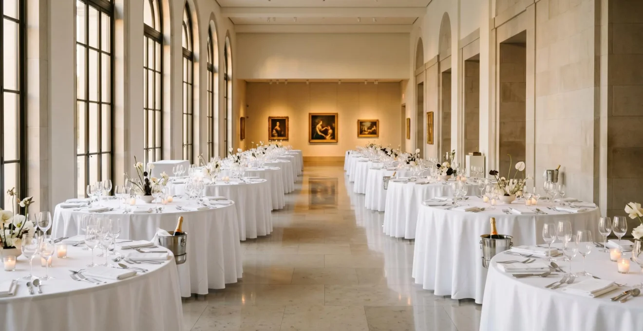 Installation élégante d'un dîner de gala dans un musée après la fermeture au public