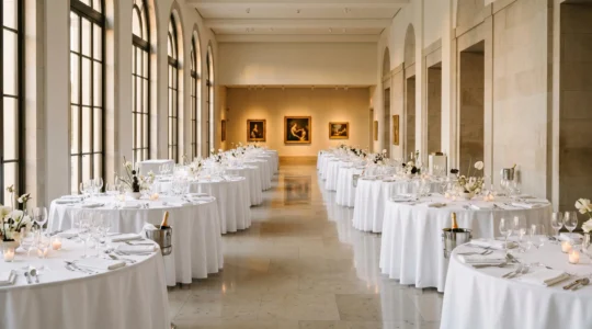 Installation élégante d'un dîner de gala dans un musée après la fermeture au public