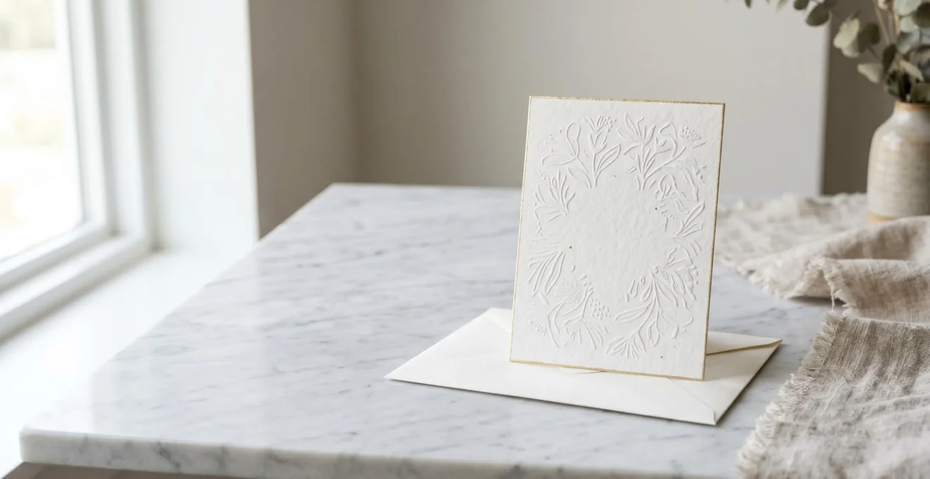 Faire-part de mariage en papier épais posé sur une enveloppe de qualité, évoquant l'élégance et le raffinement
