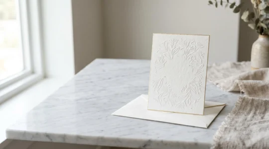Faire-part de mariage en papier épais posé sur une enveloppe de qualité, évoquant l'élégance et le raffinement