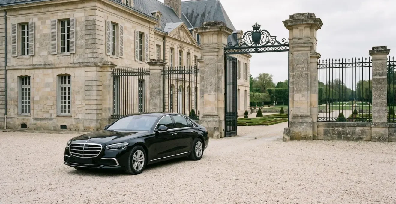 Berline de luxe noire garée devant un portail de château français avec allée pavée
