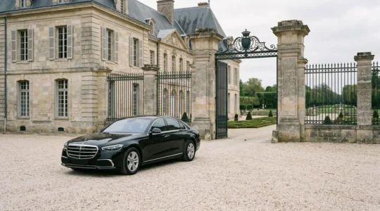 Berline de luxe noire garée devant un portail de château français avec allée pavée