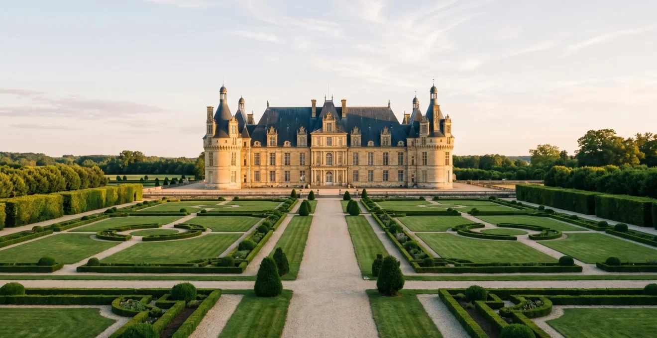 Château historique français au crépuscule avec jardins à la française, évoquant l'alliance entre événementiel privé et préservation du patrimoine
