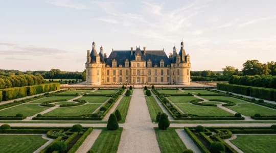 Château historique français au crépuscule avec jardins à la française, évoquant l'alliance entre événementiel privé et préservation du patrimoine