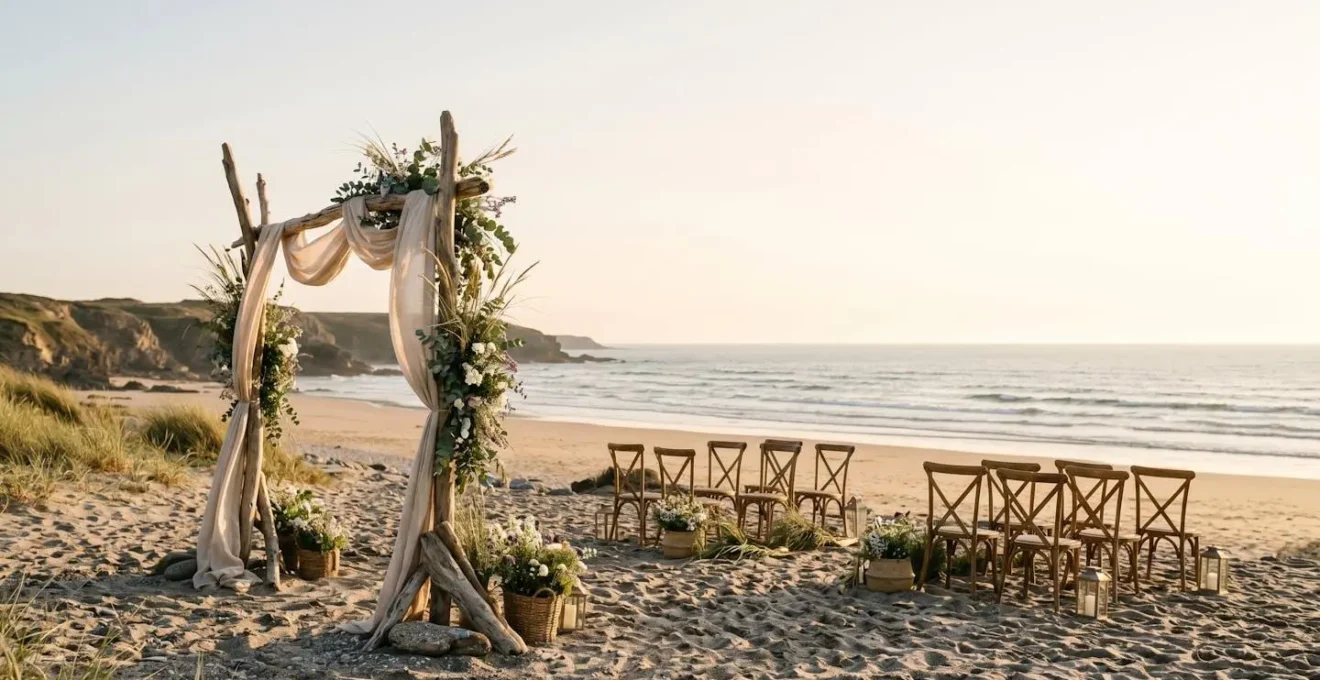 Cérémonie de mariage en bord de mer avec arche fleurie face à l'océan lors de la golden hour