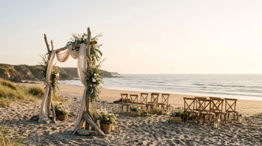 Cérémonie de mariage en bord de mer avec arche fleurie face à l'océan lors de la golden hour