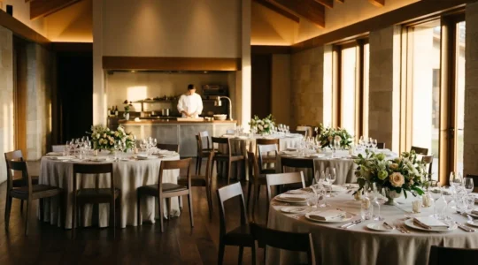 Table élégamment dressée pour un mariage gastronomique intimiste avec détails raffinés
