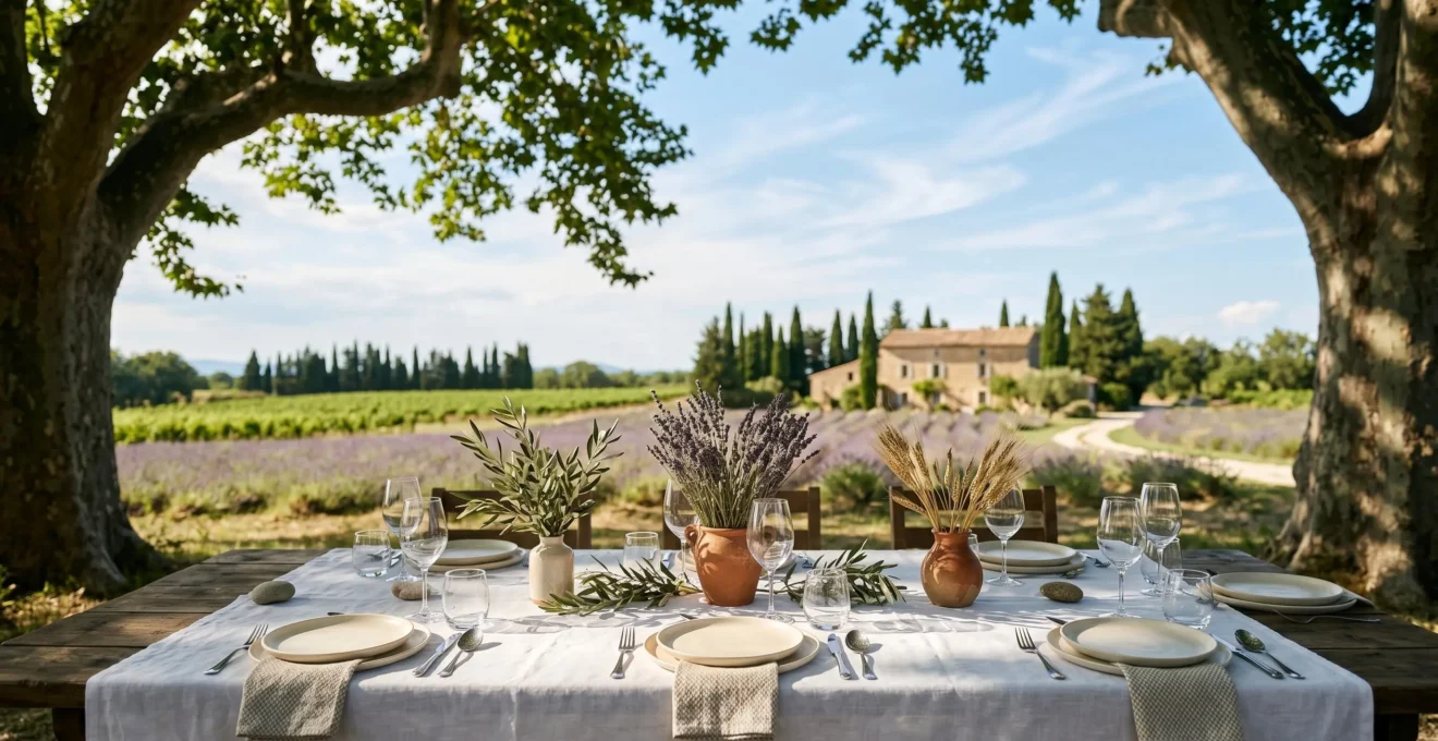 Vue panoramique d'une table de mariage dressée dans un mas provençal avec champs de lavande sous ciel bleu venteux