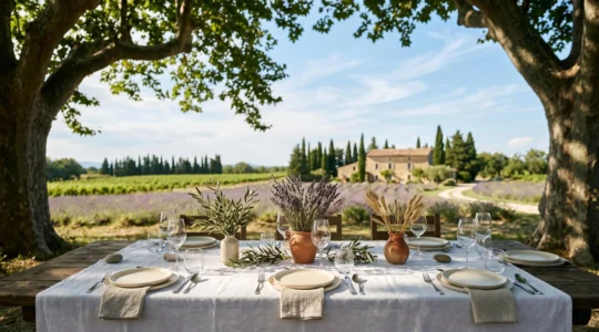 Vue panoramique d'une table de mariage dressée dans un mas provençal avec champs de lavande sous ciel bleu venteux