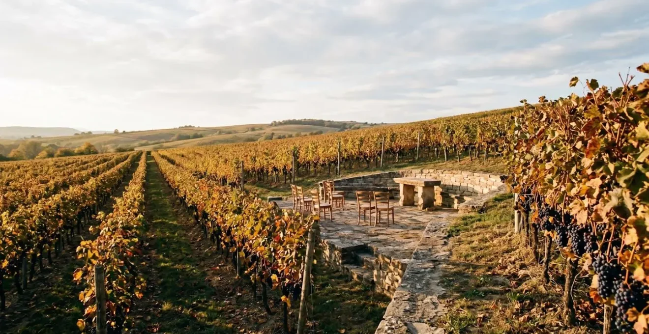 Rangées de vignes dorées en automne avec espace de réception champêtre au cœur du vignoble
