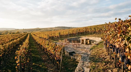 Rangées de vignes dorées en automne avec espace de réception champêtre au cœur du vignoble