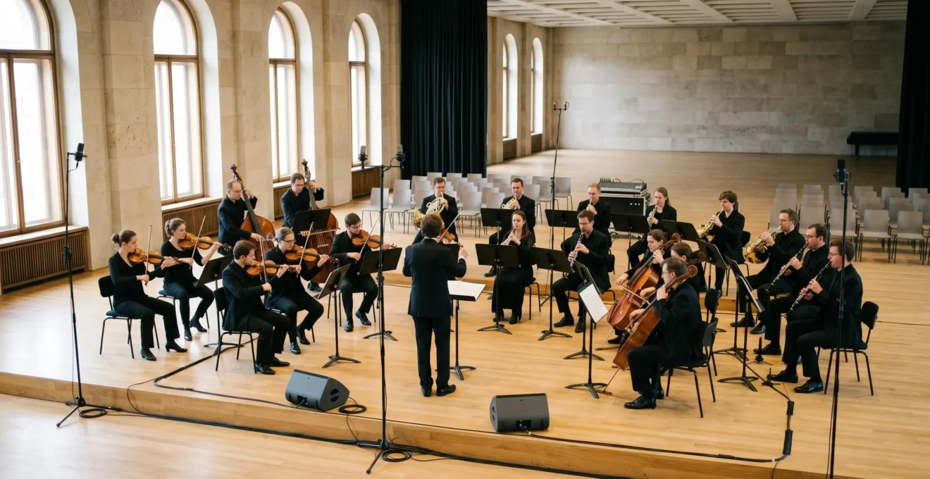 Orchestre symphonique de vingt musiciens sur scène avec équipement de sonorisation professionnel lors d'une cérémonie élégante