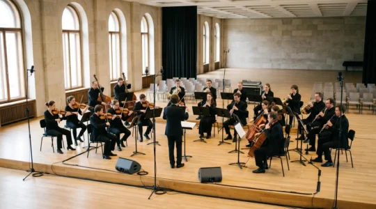 Orchestre symphonique de vingt musiciens sur scène avec équipement de sonorisation professionnel lors d'une cérémonie élégante