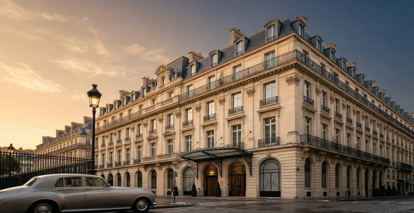 Façade majestueuse d'un palace parisien de luxe avec architecture haussmannienne et entrée exclusive
