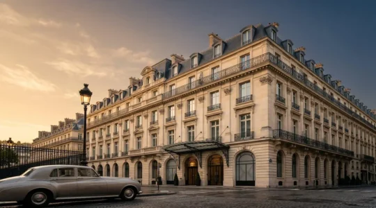 Façade majestueuse d'un palace parisien de luxe avec architecture haussmannienne et entrée exclusive