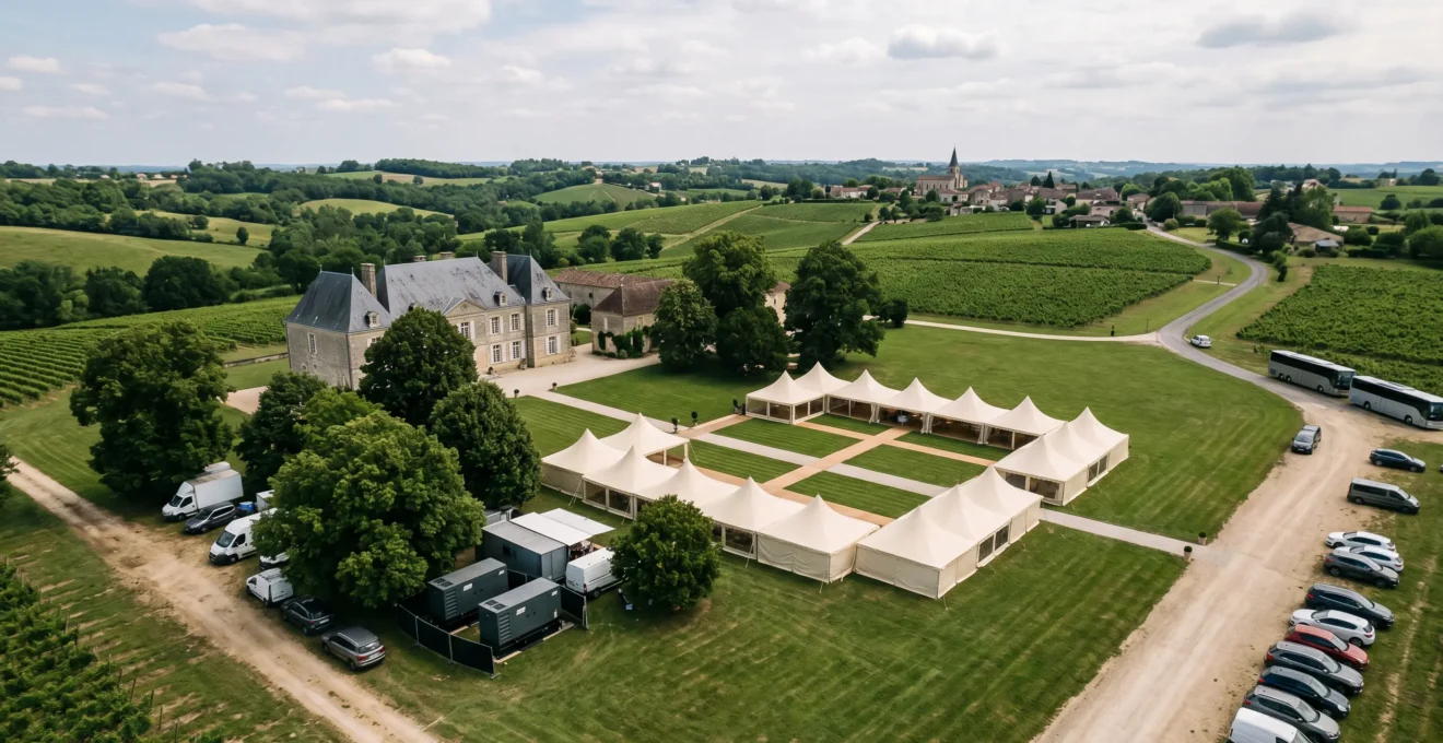 Vue aérienne d'une propriété privée française aménagée pour accueillir un grand événement avec infrastructures de sécurité