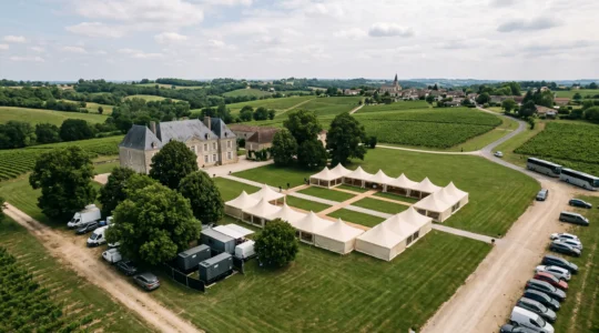 Vue aérienne d'une propriété privée française aménagée pour accueillir un grand événement avec infrastructures de sécurité