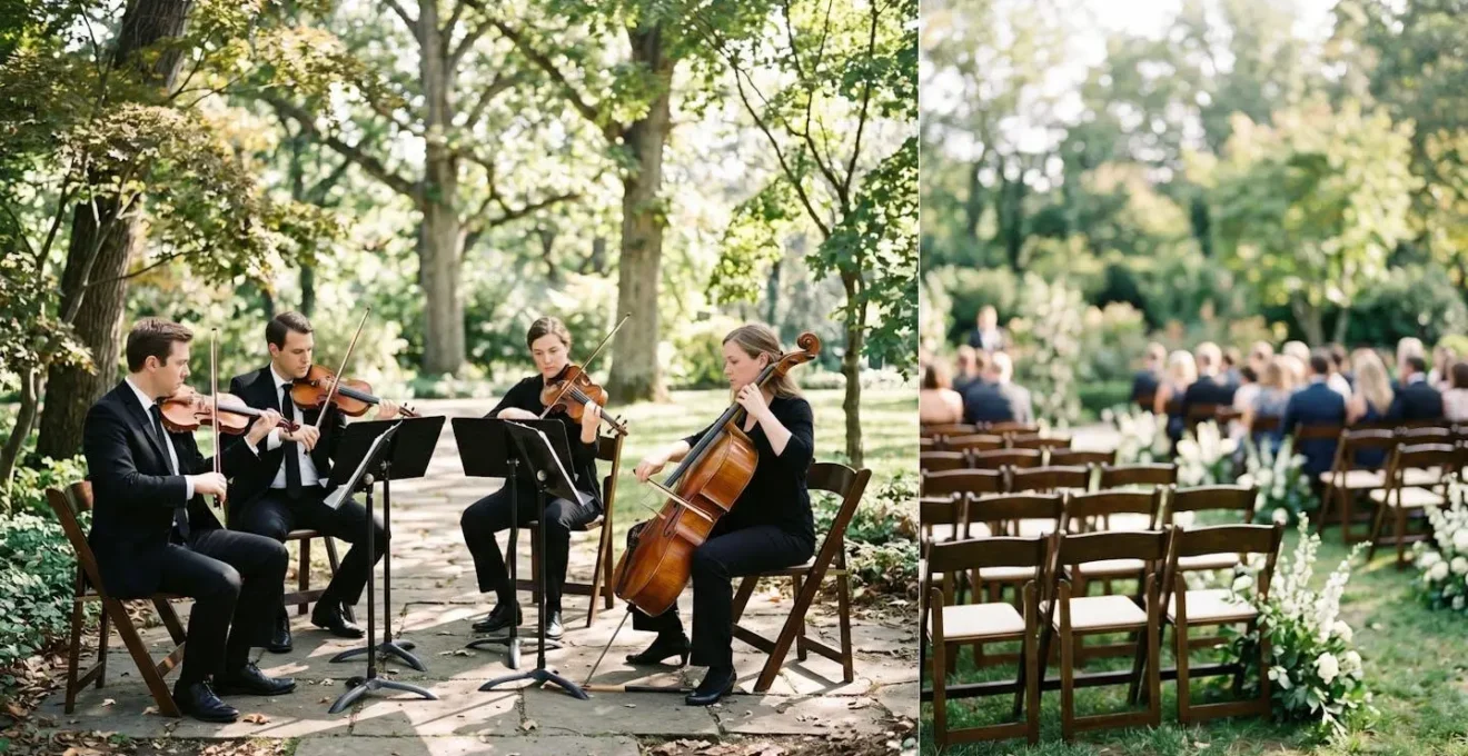 Quatuor à cordes jouant lors d'une cérémonie de mariage en extérieur avec élégance et raffinement