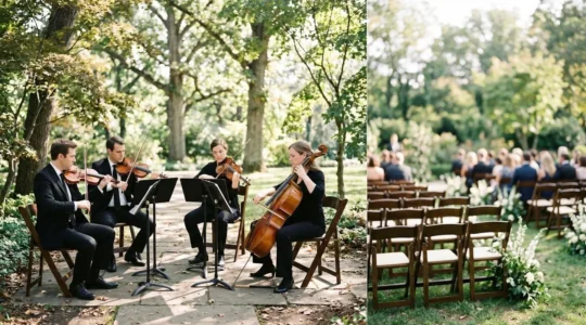 Quatuor à cordes jouant lors d'une cérémonie de mariage en extérieur avec élégance et raffinement
